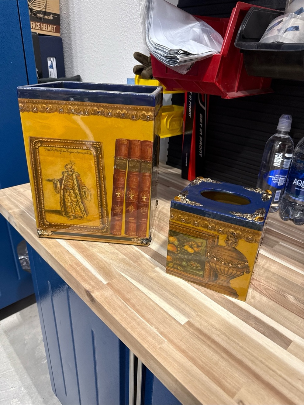Yellow & Blue Decorative Wastebasket and Tissue Box Set